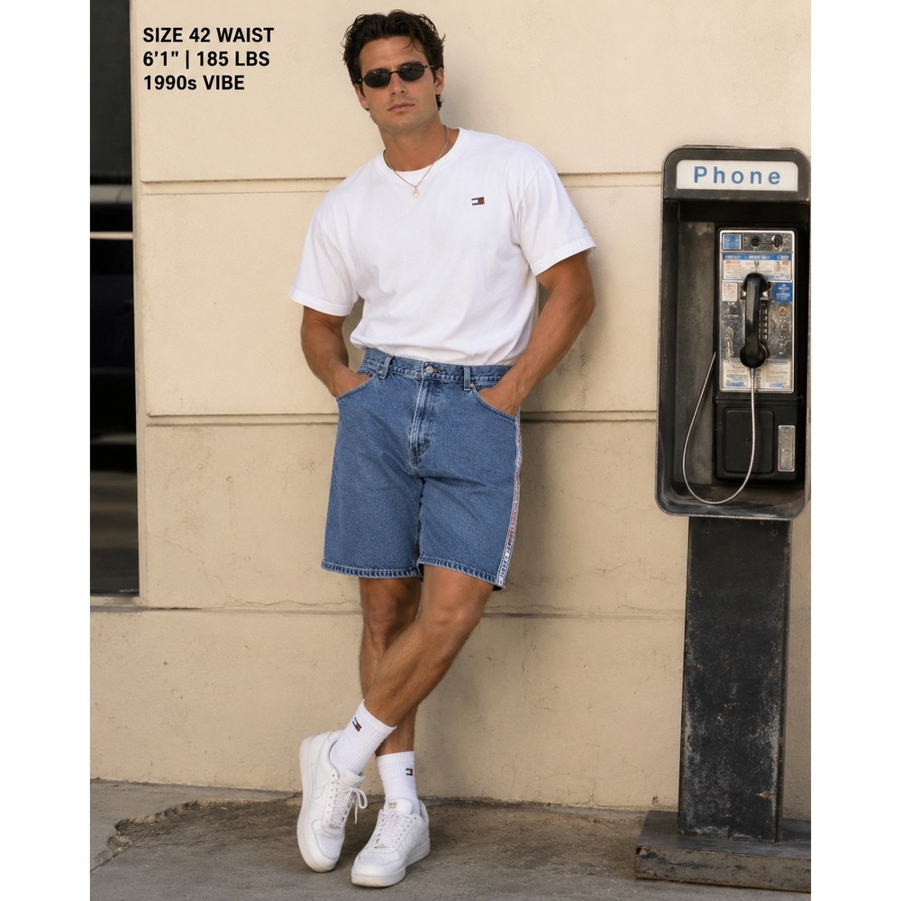 Tommy Jeans‎ Mens Vintage 90s Logo Tape Denim Shorts Blue Size 42